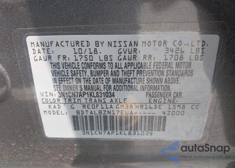 2019 Nissan Versa 1.6 Sv z USA, uszkodzony, nr VIN 3N1CN7AP1KL831034